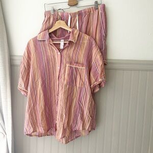 Stars Above Large Striped Pajama Set in Pink Orange Button Up Shirt & Shorts